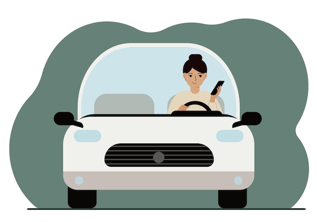 Женщина с помощью смартфона за рулем автомобиля. Опасность вождения. Векторная плоская иллюстрация