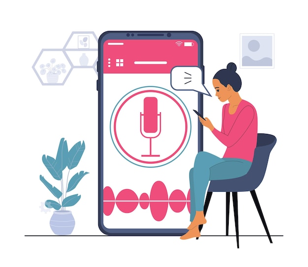 Woman using voice assistant on smartphone. vector illustration.