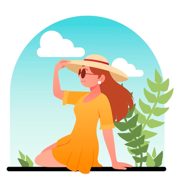 Vector woman on vacation concept beautiful girl in yellow dress and sunglasses sit on bench and admiring