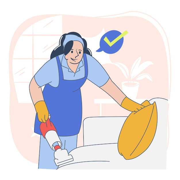 woman vacuuming couch flat style cleaning service illustration
