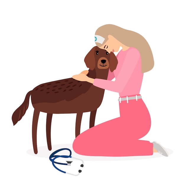 Vector woman veterinarian hugging dog