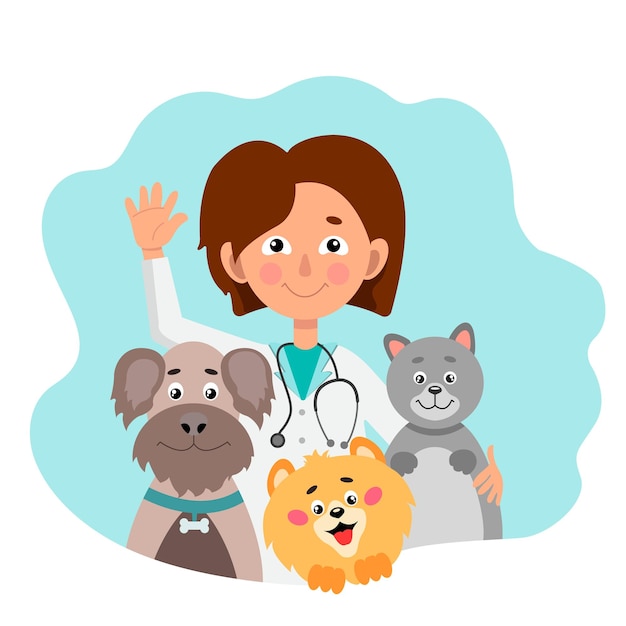 Vector woman veterinarian with cat and dogs