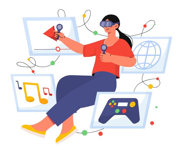 Vector woman in virtual reality concept young girl in vr glasses with controllers in her hands cyberspace and metaverse modern technologies games and entertainment cartoon flat vector illustration