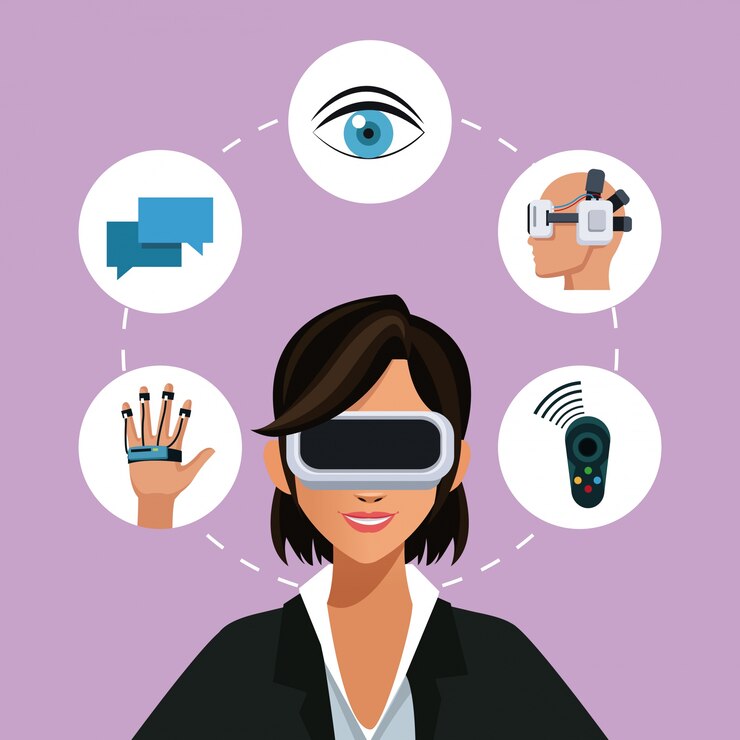 Vector woman virtual reality glasses connection wearable smart