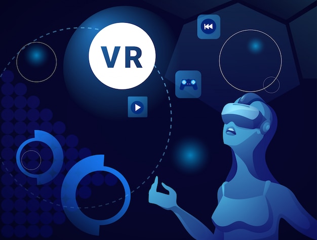 Donna nella realtà virtuale che indossa il concetto moderno di tecnologia di simulazione della cuffia avricolare di vr