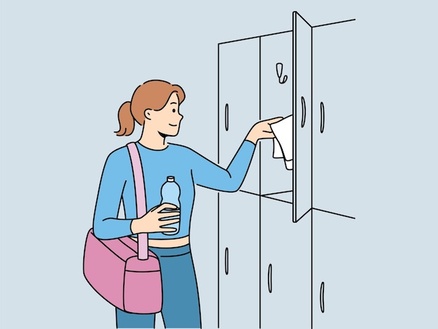 Woman visitor to gym stands near lockers for personal belongings and prepares for sports workout Girl with bag for sportswear and bottle of water visits gym to maintain good figure