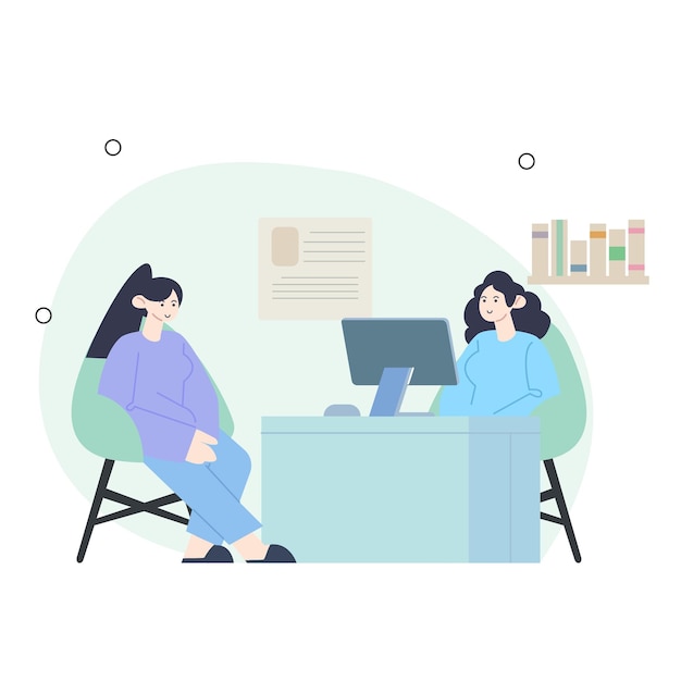Vector woman visits her gynecologist in the medical office female doctor talks with woman expecting a baby consultation and check up during pregnancy concept vector illustration