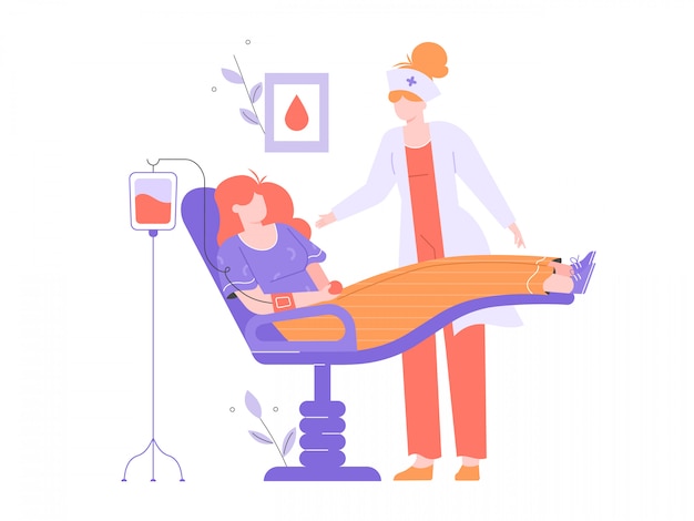 여성 자원 봉사 헌혈자. 수혈, 의료 검사, 건강 관리, 세계 헌혈자 날. 환자는 병원의 의자, 간호사 및 물방울 주위에 있습니다. 평면 그림.