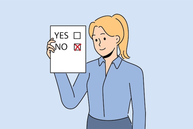 Woman voter demonstrates ballot for presidential elections or referendum with chosen answer no Voter holds questionnaire designed to survey population on socially important topics