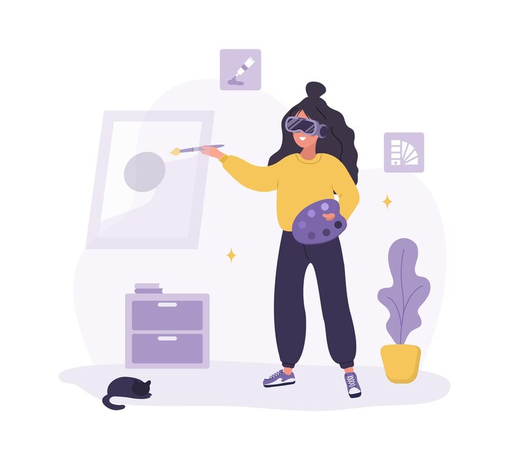 Vector woman in vr glasses creating nft art in metaverse cyberspace or virtual reality concept modern technology entertainment vector illustration in flat cartoon style