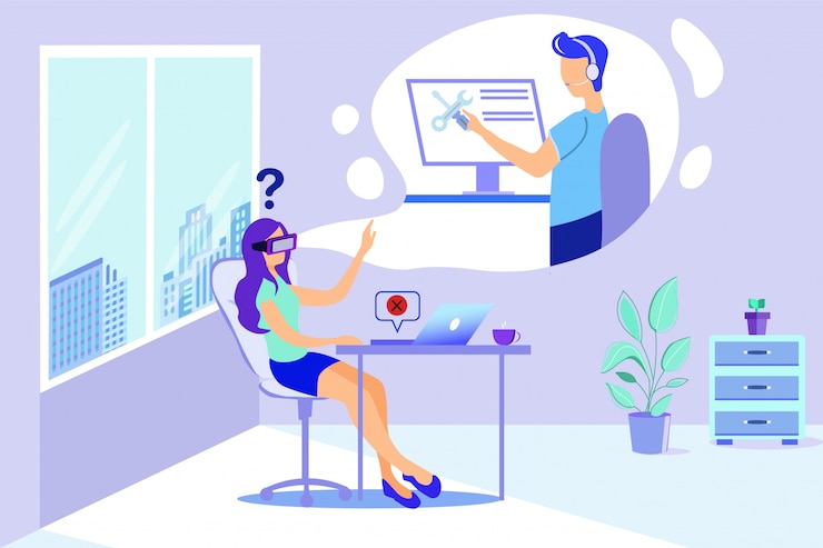 Vector woman in vr goggles man repairman virtual help