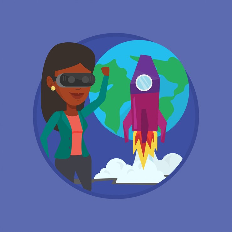 Vector woman in vr headset flying in open space.