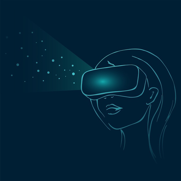 Woman in VR virtual reality headset looking at abstract dot Abstract VR neon Virtual reality glasses