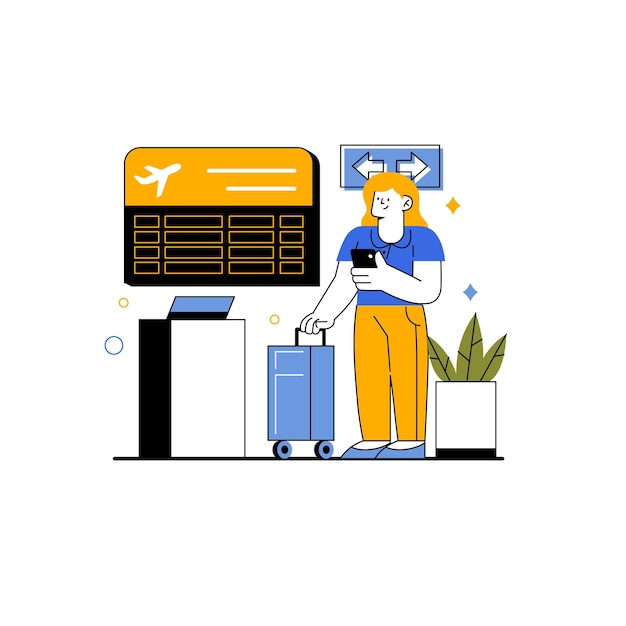 Vector woman waiting for flight departure in the airport hand drawn flat vector illustration for travelling