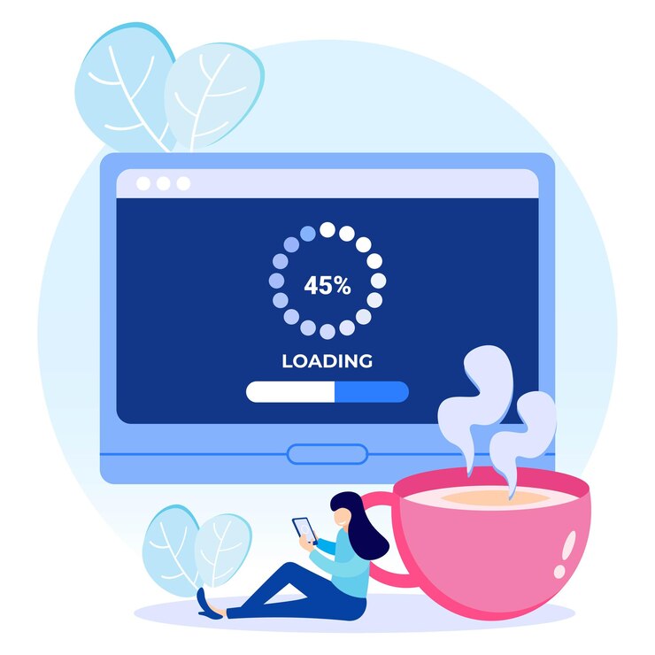Vector woman waiting for online update on laptop with coffee