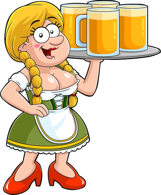 Женщина-официантка мультипликационный персонаж в традиционной баварской одежде держит поднос с пивными бокалами