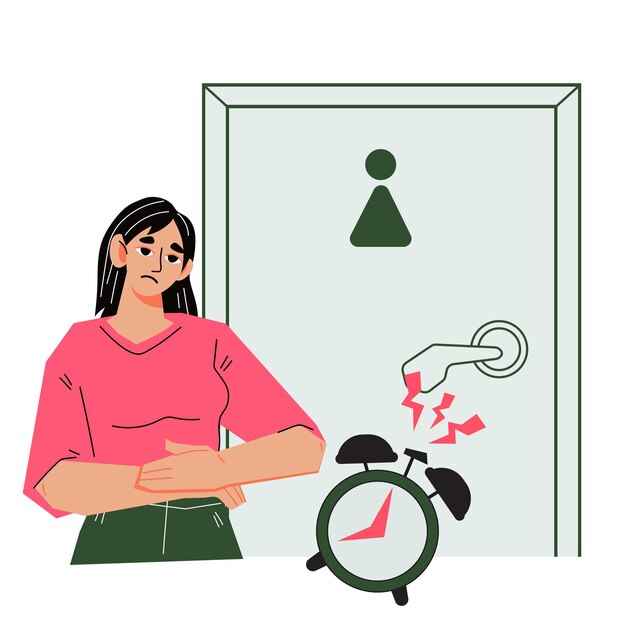 Vector woman waits at toilet door feeling discomfort with bladder or stomach vector