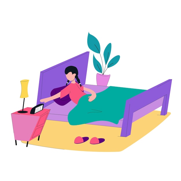 Vector woman waking up in the morning turning off the alarm clock vector illustrative design