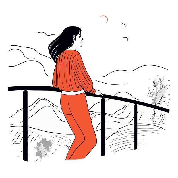 Vector woman walking on a bridge in the mountains vector hand drawn illustration