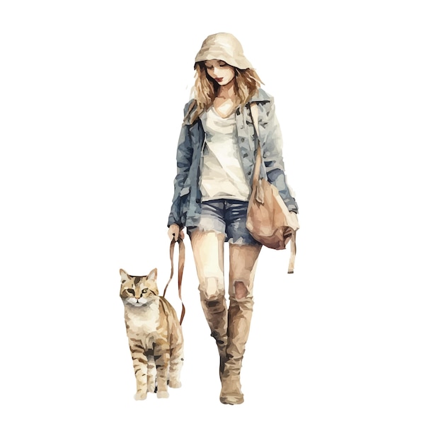 A woman walking a cat with a leash.