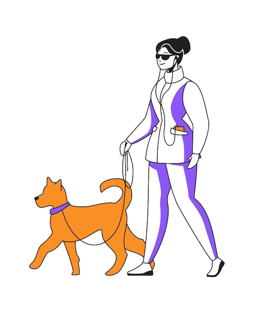 Woman walking dog and listening to podcast Happy female goes with puppy on leash Cartoon cute girl enjoying music using earphones Vector isolated person spends leisure time with pet