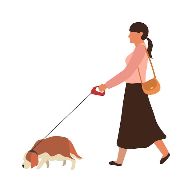 Woman walking a dog. young happy girl goes for a walk with pet in city street, simple flat vector person