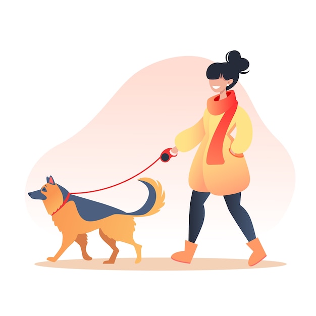 Vector woman walking her dog in autumn park, pet care concept