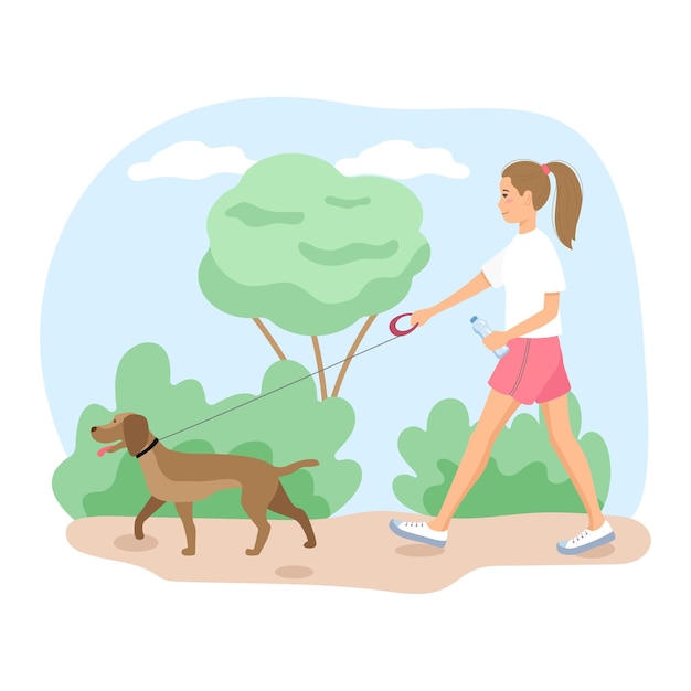 woman walking her dog brisk walking healthy lifestyle