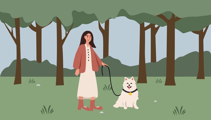 Vector woman walking her dog in the park