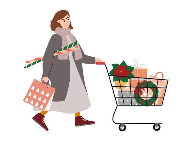 Woman walking and pushing shopping cart full of christmas decoration, purchases and gifts.