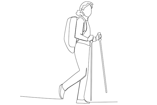 A woman walking using two sticks while hiking one line art