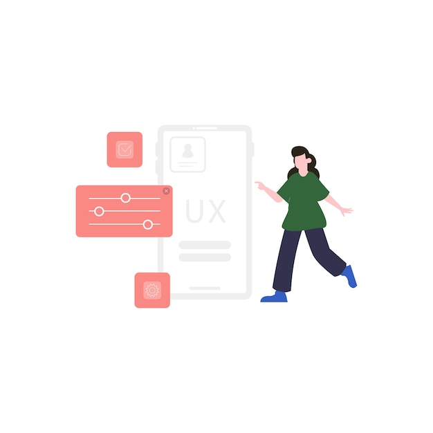 A woman walking next to a white phone that says ux.