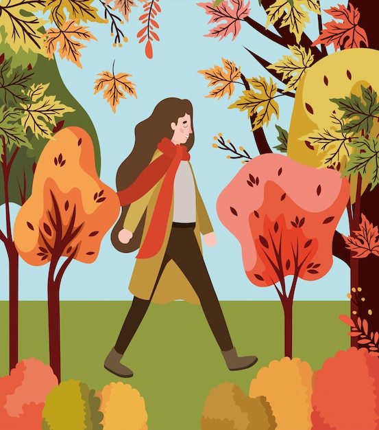 Vector woman walking with autumn suit in the park