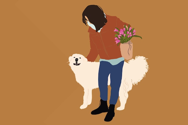 Vector woman walking with a big white dog