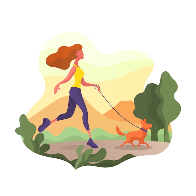 Vector woman walking with dog in the park. she is very happy.