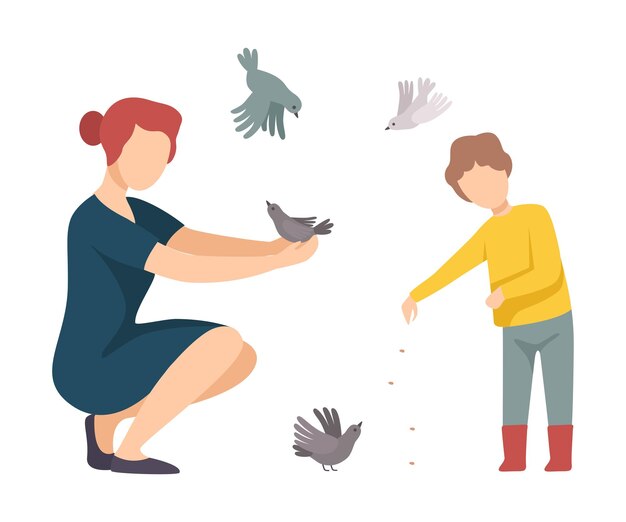 Vector woman walking with her son in the park and feeding pigeons vector illustration