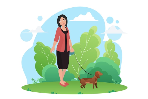 Vector woman walking with small dog pet in the park