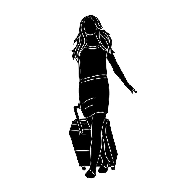 Vettore donna che cammina con una silhouette di valigia su sfondo bianco vettoriale