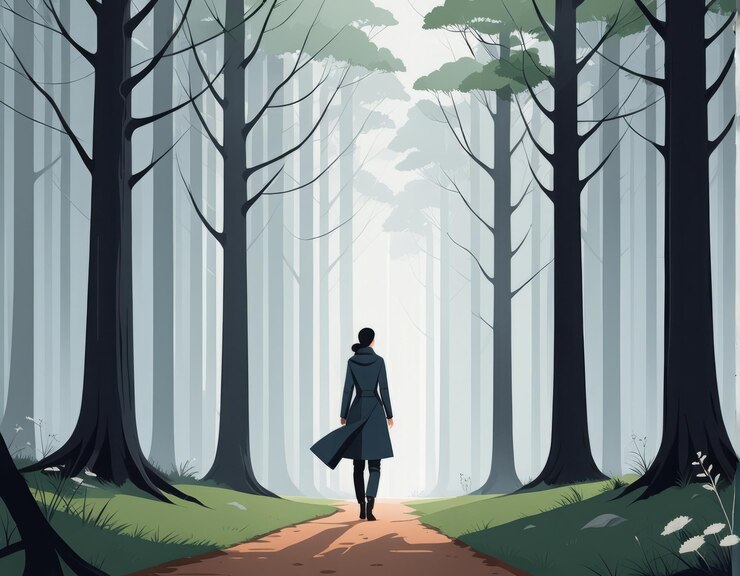 Vector a woman walks in the forest a man walks through the woodsa woman walks in the forest a man w