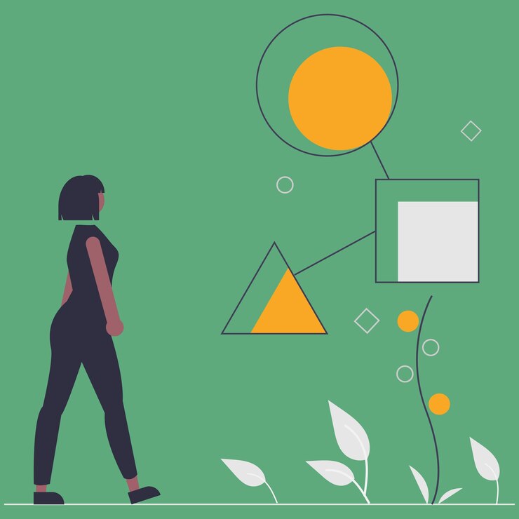Vector a woman walks past a green background with a yellow and white shapes.