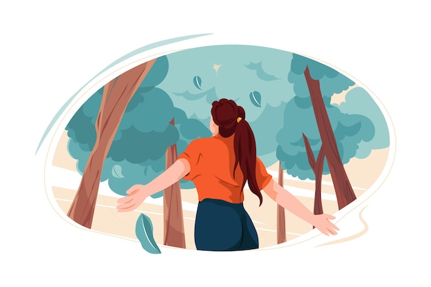 Vector a woman walks through a forest with her arms outstretched