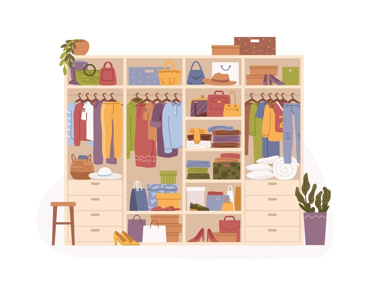 Vector woman wardrobe with organized clothes accessories