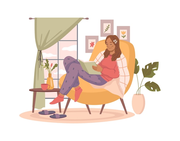 Vector woman in warm clothes rest on armchair with book