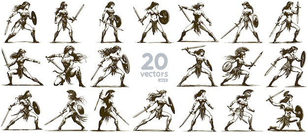 Woman warrior with a sword in a fighting stance collection of monochrome vector drawings