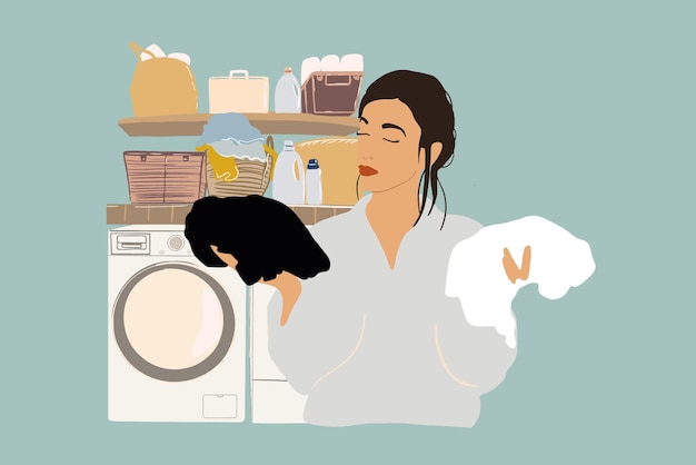 woman washes and dries clothes in laundry