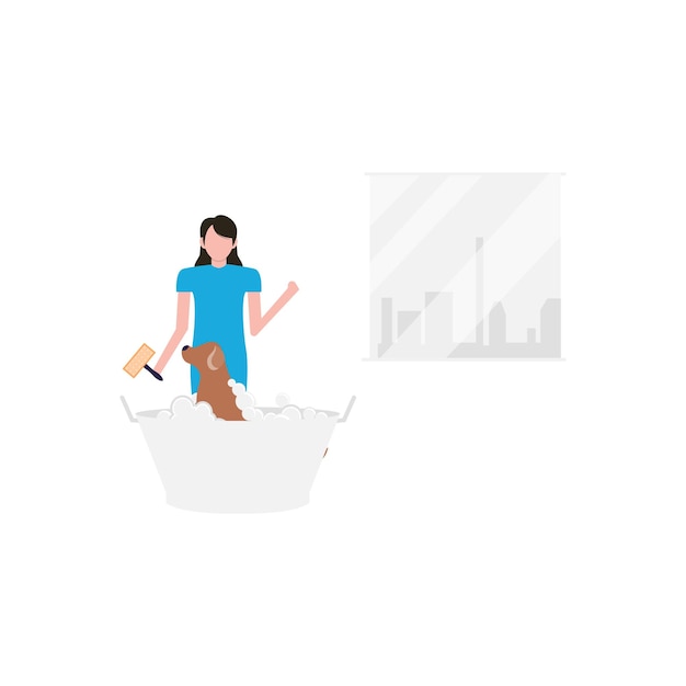 A woman washes her dog in a bathtub.