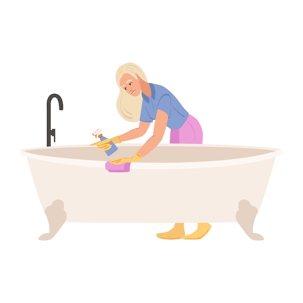 Vector woman washing bathtub with detergent and sponge housewife cleaning the apartment bathroom