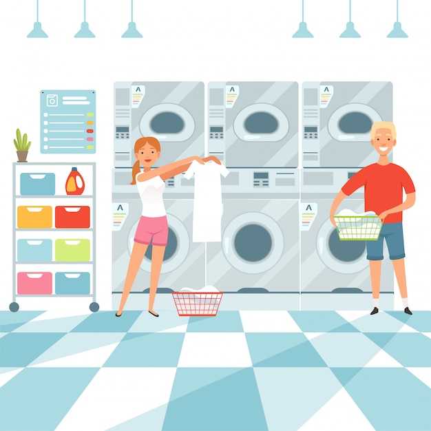 Vector woman washing clothes in the laundry