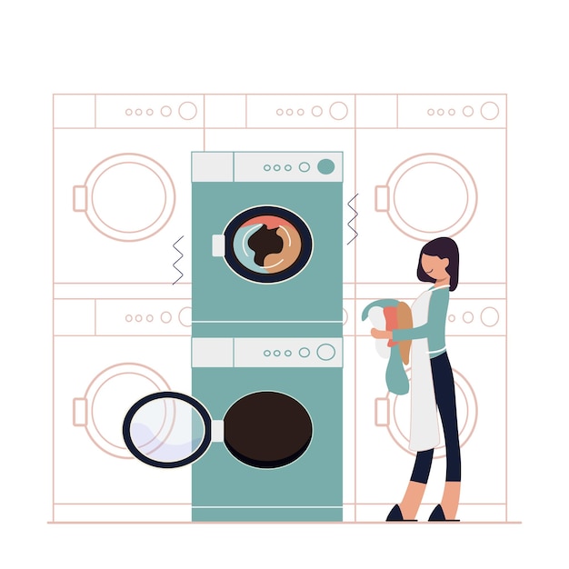 Woman washing clothes in washing machine Flat vector illustration
