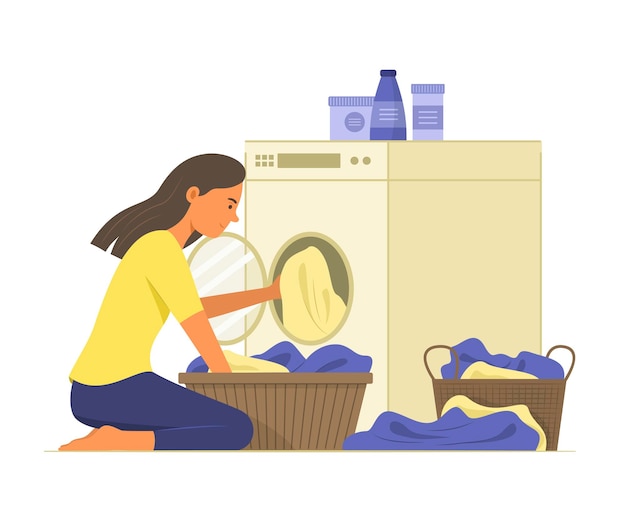 Vector woman washing clothes with washing machine